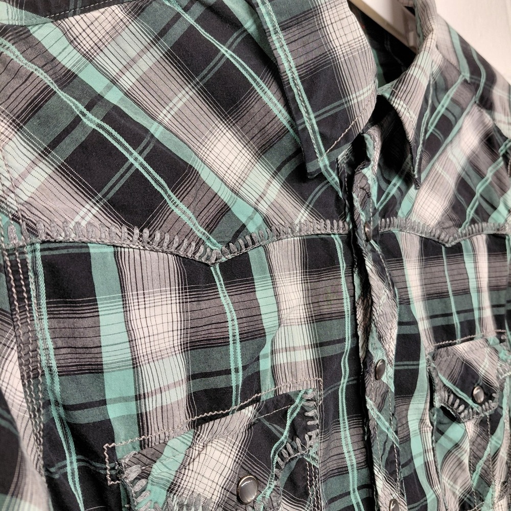 Rock & Roll Cowboy Shirt Men L Green Plaid Pearl Snap Thick Stitch Western Rodeo - Picture 7 of 16